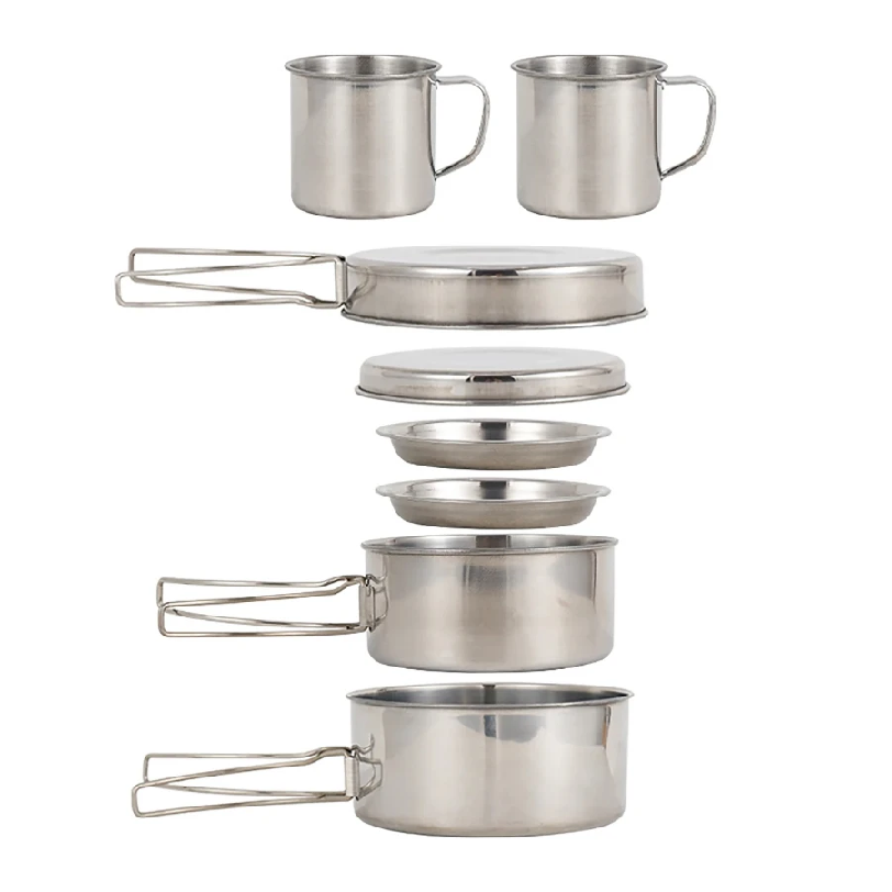 Camping Cooking Mess Kit - 8個/セット キャンプ調理器具セット ステンレス製調理鍋とフライパンセット プレートとカップ付き アウトドアハイキングバックパッキング用