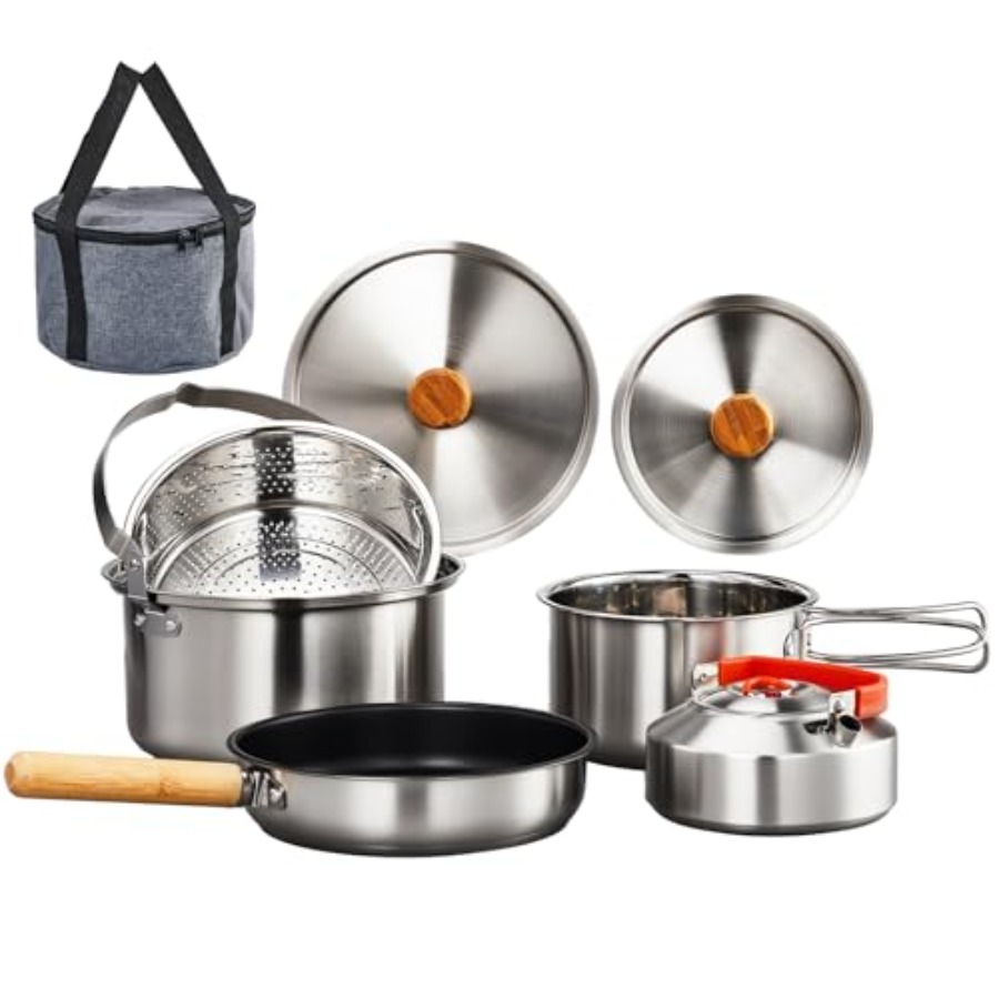 Camping Cooking Mess Kit - キャンプ用調理器具セット、軽量ステンレス製ネスティング式調理器具セット、キャリーバッグ付き、4～6人用キャンプファイヤー調理、キャンプキット