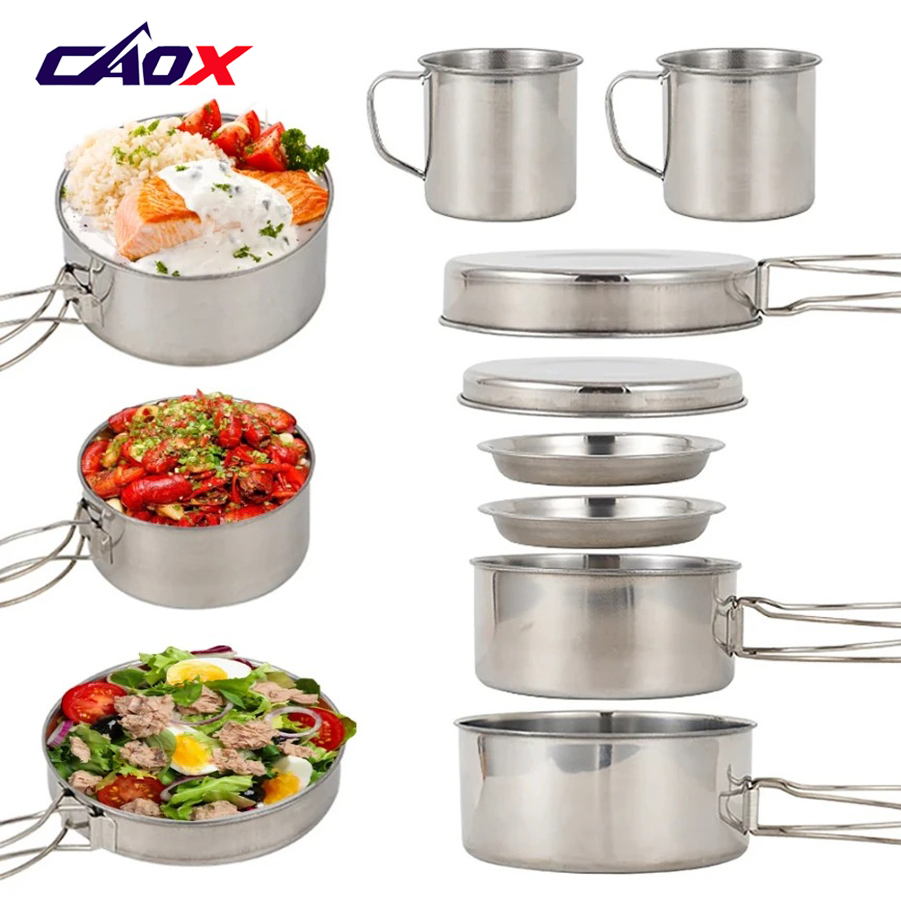 Camping Cooking Mess Kit - CAOX 8個セット キャンプ用調理器具セット ステンレス製鍋とフライパンセット プレートとカップ付き アウトドアハイキングバックパッキング用