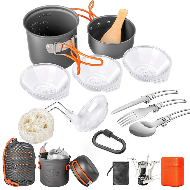 Camping Cooking Multi Tool - キャンプ用調理器具キット、ストーブとボウル付きキャンプ用鍋セット、1～2人用のポータブルキャンプ用フライパン調理セット