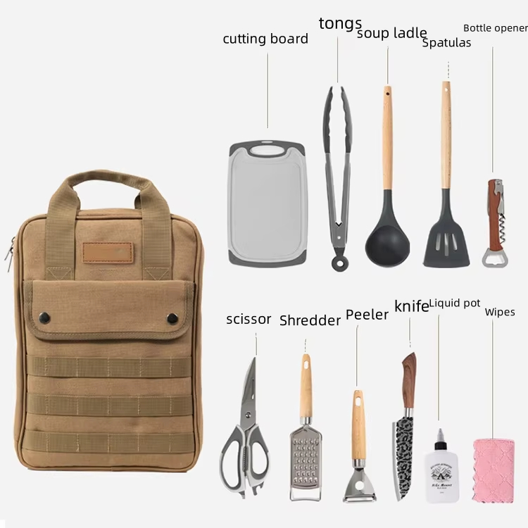 Camping Cooking Multi Tool - キャンプ用調理器具アクセサリーセット、12個入りポータブル調理器具オーガナイザー、屋外ピクニック用食器収納バッグ