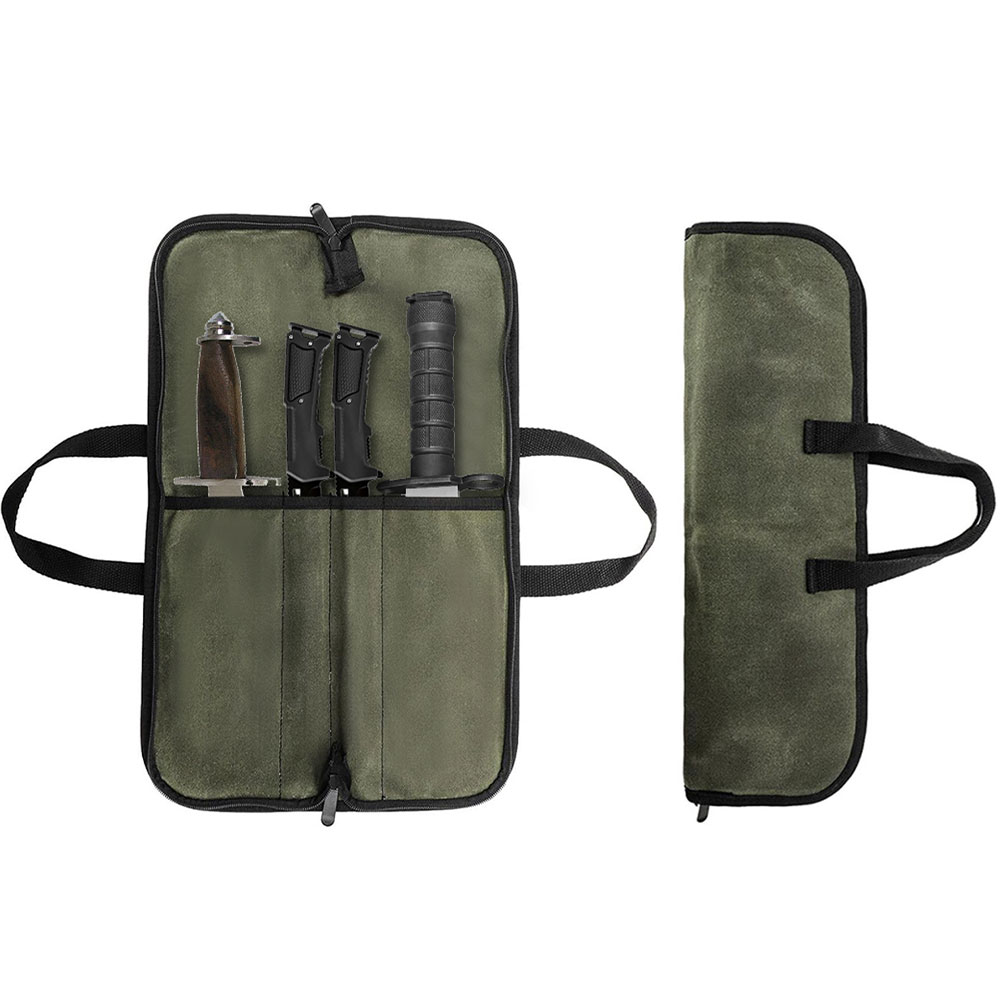 Camping Cooking Multi Tool - ワックスキャンバス製ナイフロールバッグ、多機能ポータブルシェフナイフ収納ケース、戦術用キャリーバッグ、料理やキャンプ用ツール用ナイフバッグ