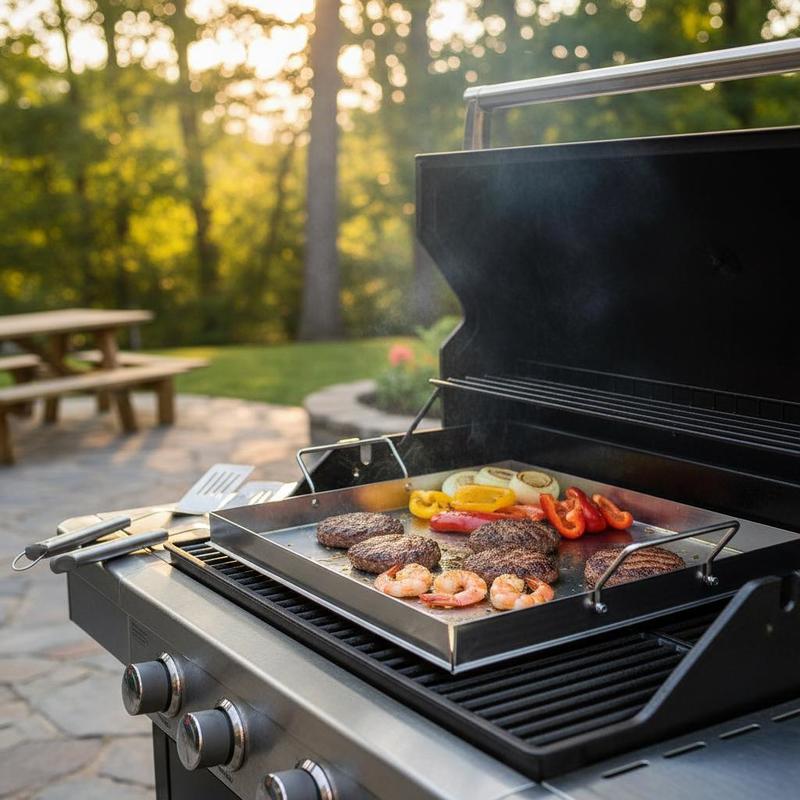Camping Cooking Tray - ユニバーサルフラットトップグリドル 18x16インチ キャンプ、テールゲーティングパーティー用、長方形ホットプレート ファミリー調理器具 内蔵ハンドル ガスグリルアタッチメント
