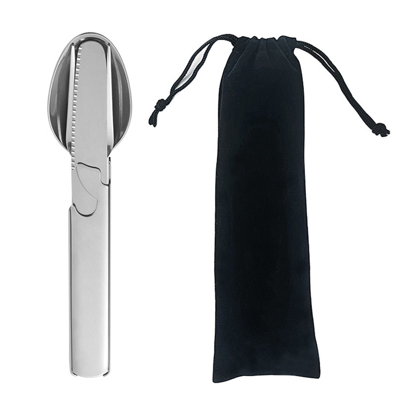 Quechua Camping Cooking Set - 4 ピース/セットポータブルステンレス鋼コンビネーションカトラリー食器折りたたみ食器セットスプーンフォークナイフキャンプ調理食器