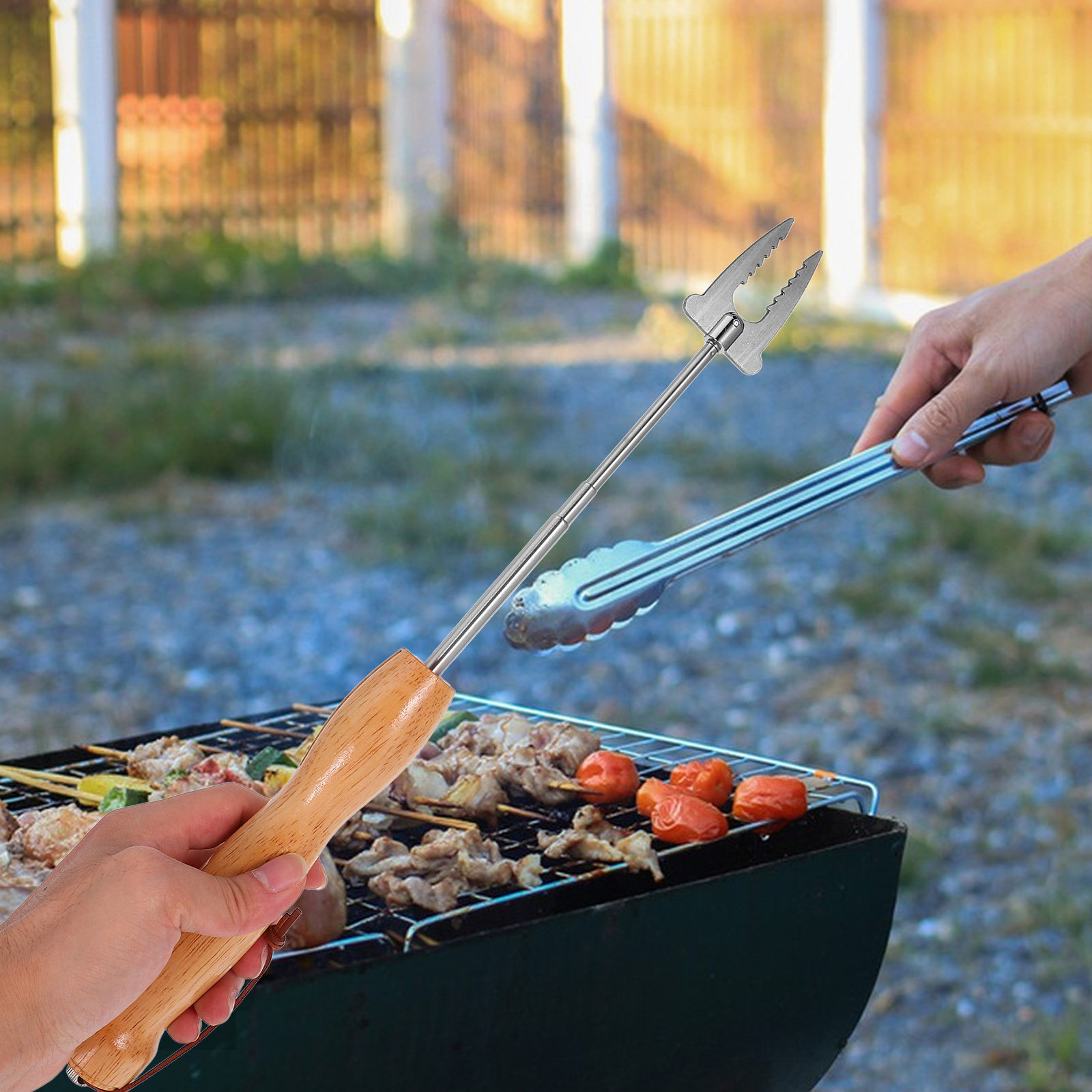 Camping Cooking Fire - ステンレス製伸縮式BBQ串、マシュマロ、ホットドッグ、カバブ用テレスコピックローストフォーク、キャンプ、アウトドアクッキング、焚き火用