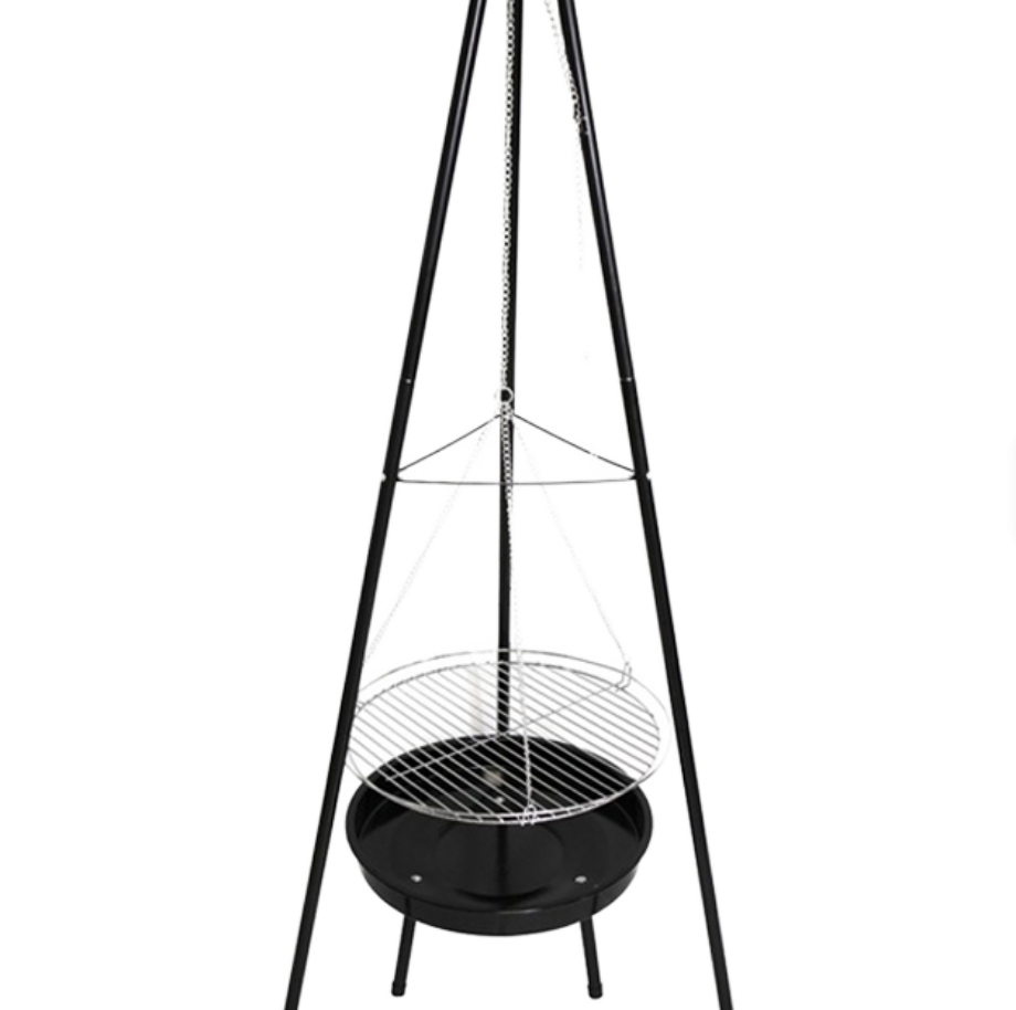 Camping Cooking Tripod - 頑丈な三脚式吊り下げBBQグリル、ノンスティックコーティングされた鉄製焚き火台付き - 高さ調節可能な屋外調理ステーション（キャンプ用）