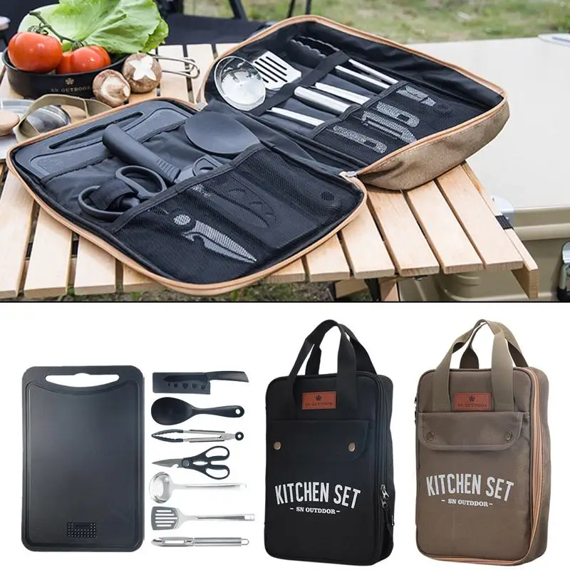 Quechua Camping Cooking Set - 8点セット キャンプキッチン調理器具セット ポータブル屋外旅行用具 ステンレス製調理・グリルセット バーベキューピクニック用