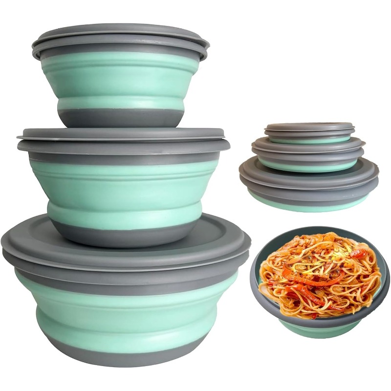 Camping Cooking Tray - 3個入りシリコン製折りたたみランチボックスセット、ピクニック、キャンプ、ハイキング用の折りたたみ式携帯ボウル、蓋付き、食品グレード、省スペース