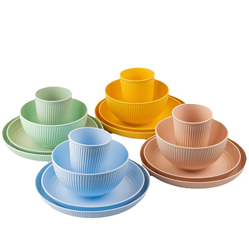 Camping Cooking And Eating Set - 小麦麦わらカトラリーセット、ポータブル食器、食器キット、ピクニック、キャンプ、ボウル、カップ、皿、カラフル、4個