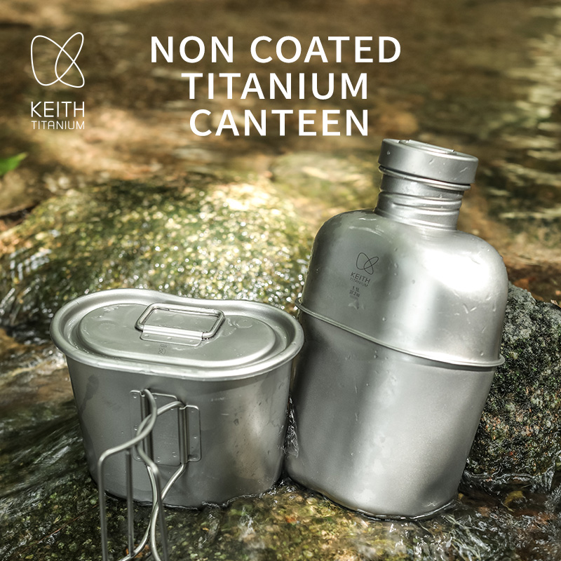 Camping Cooking Mess Kit - KEITH 純チタン製キャンティーン メスキット、超軽量ウォーターボトル＆クッキングポットセット、ポーチ付き、アウトドアキャンプハイキング用 TI3060