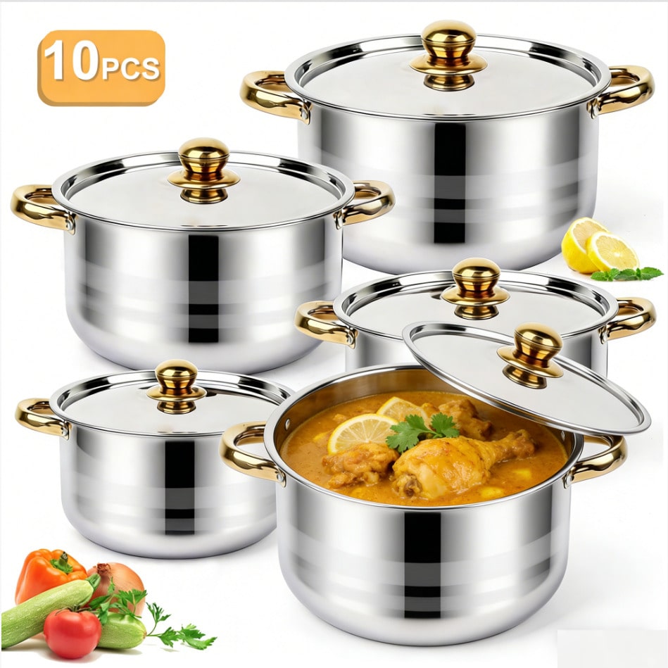 Camping Cooking Tool Set - ステンレス製鍋セット モダンラグジュアリー調理器具 ストックポットセット シルバーボディ ゴールドハンドル 10点セット