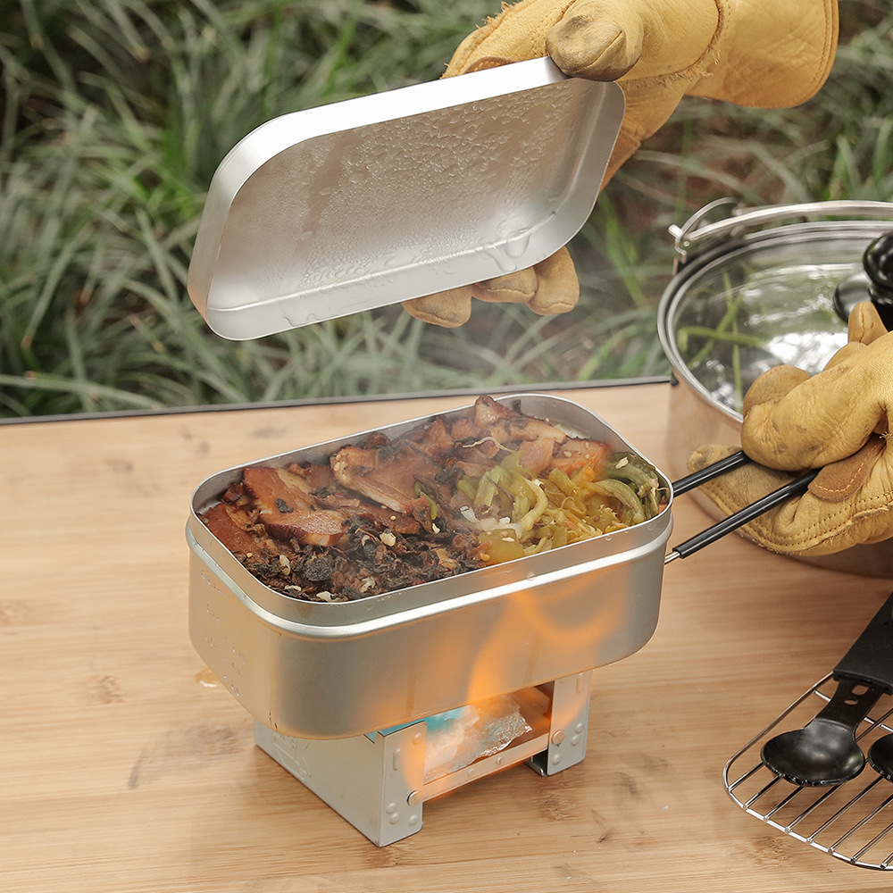 Camping Cooking Mess Kit - アウトドアアルミメスキット、スチームラックストーブセット、ポータブル1人用調理器具、高速調理ツールキット、キャンプメスキット