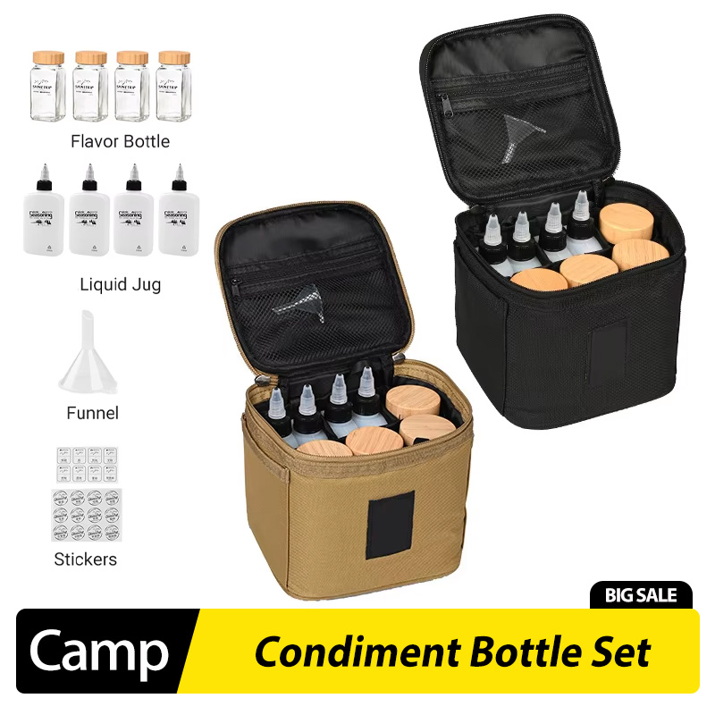 Camping Cooking Oil - アウトドアキャンプ用調味料ボトルセット ピクニック用調味料ボックス オイルボトル ポーションジャー 竹製と木製の蓋付き 密閉調味料ジャー