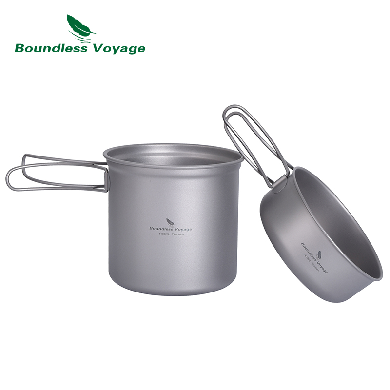 Camping Cooking Mess Kit - Boundless Voyage チタン製鍋フライパンセット 折りたたみハンドル付き アウトドア キャンプ