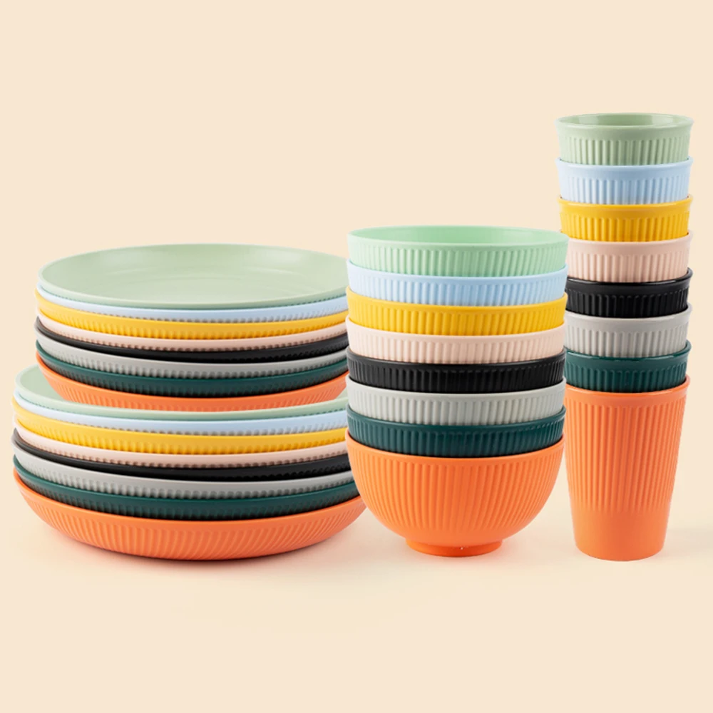 Camping Cooking And Eating Set - 麦わらカトラリーセット,ピクニック用食器セット,ボウル,カップ,皿,食器,4個