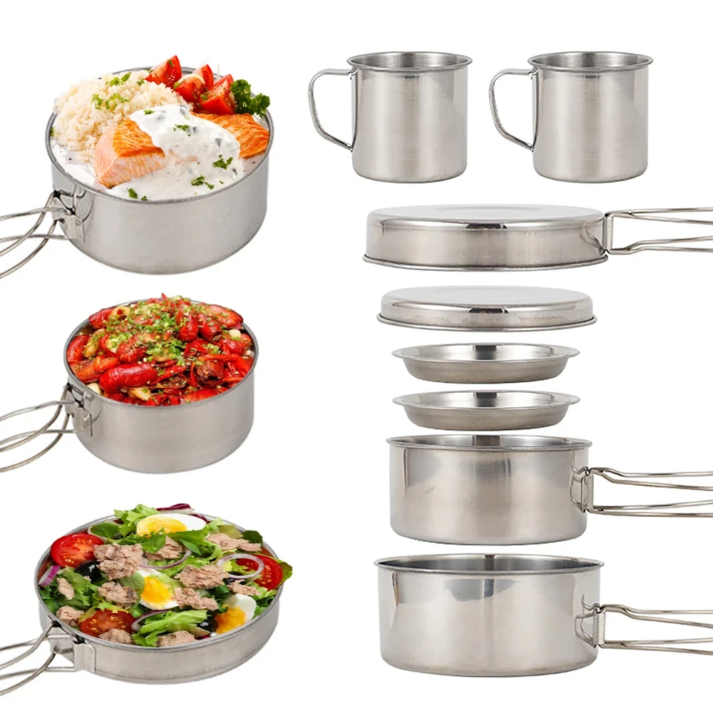 8個/セット キャンプ調理器具セット ステンレス製鍋とフライ - Camping Cooking Mess Kit のレビューと価格